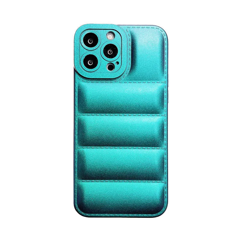 Silicone down jacket phone case for iPhone in laser green, blue, or purple with frosted finish