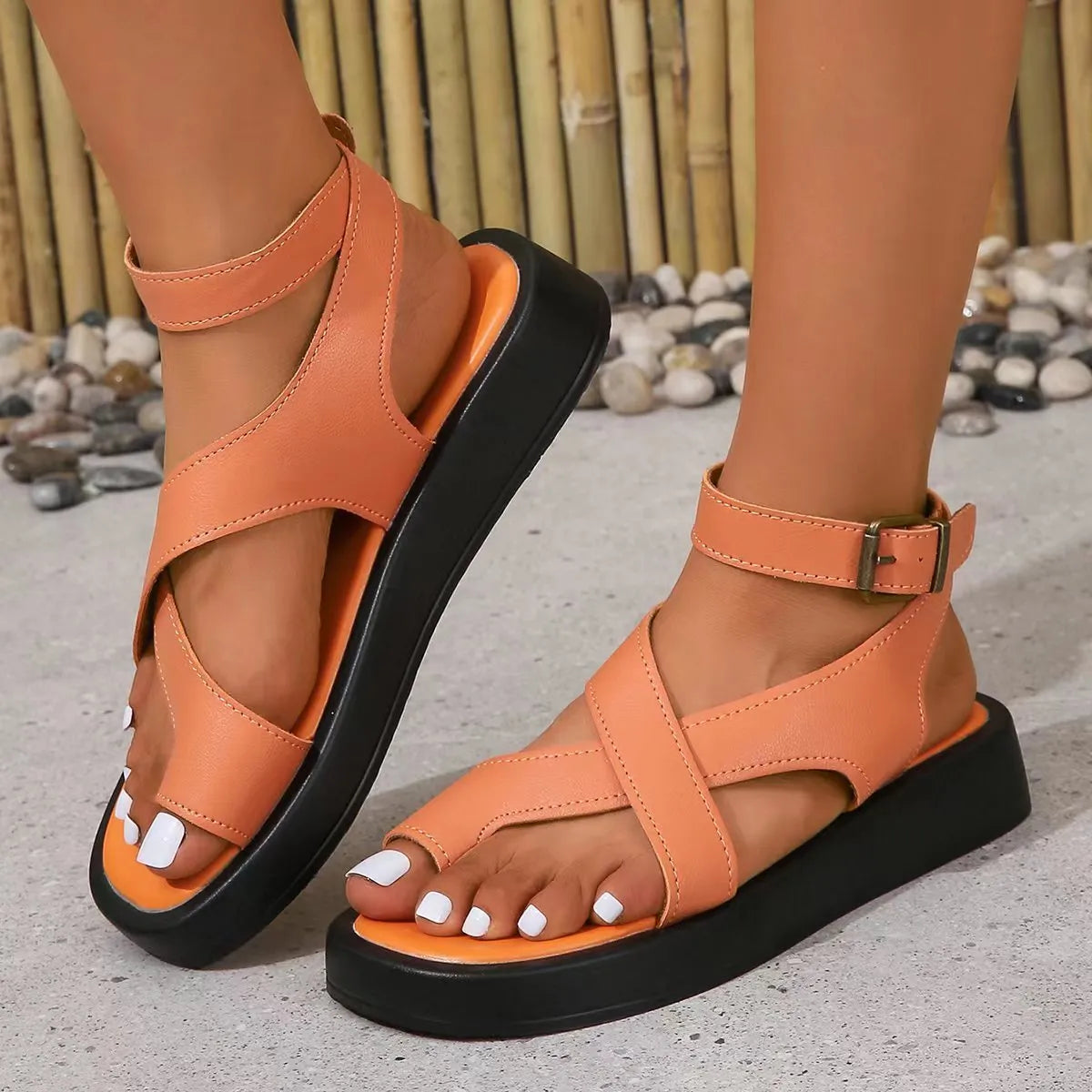 Women's casual thick-soled clip toe sandals with back buckle strap in beige, round toe design