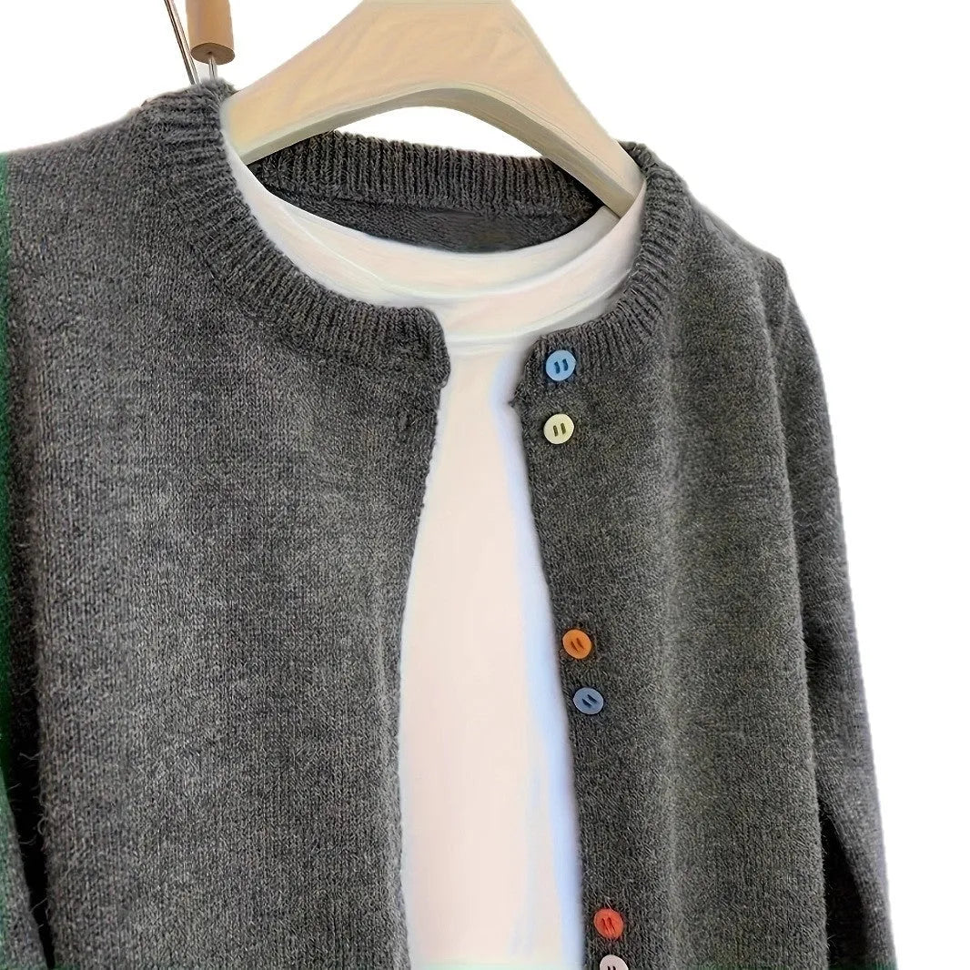 Women's dark grey button-front polyester cardigan sweater on a hanger.