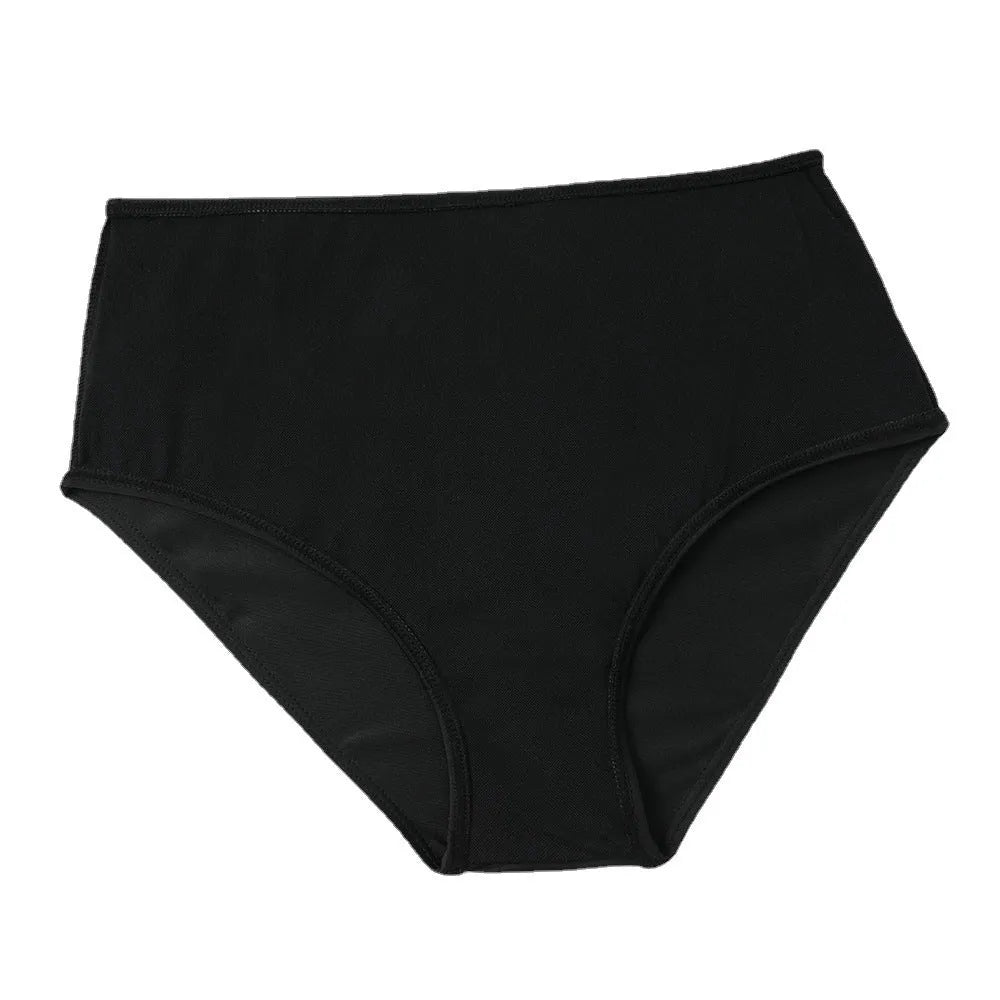 Black high waist swimsuit briefs and sleeveless top with coconut tree print, laid flat.