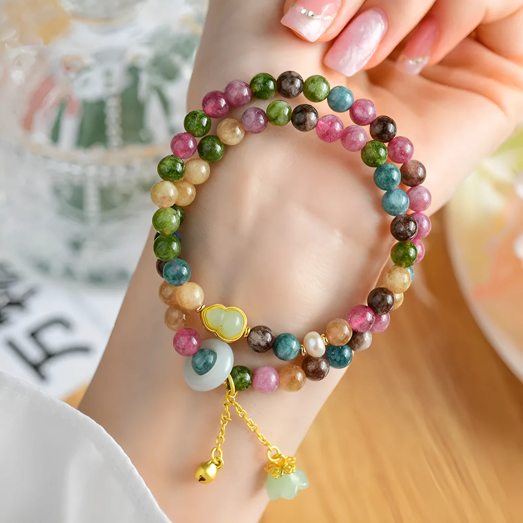 Chalcedony double circle bracelet with geometric beads for women's jewellery