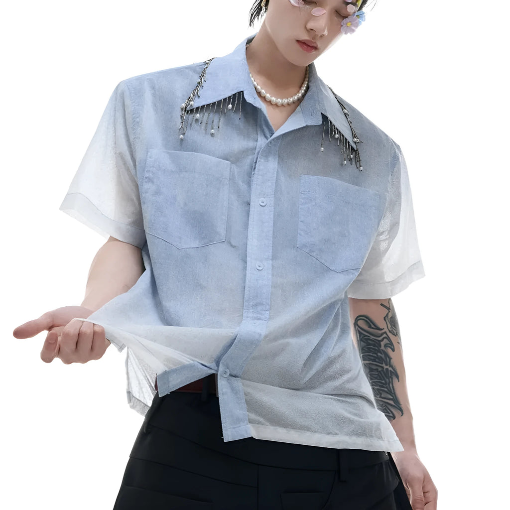 Men's loose fit blue gradient short sleeve shirt with quilted detailing