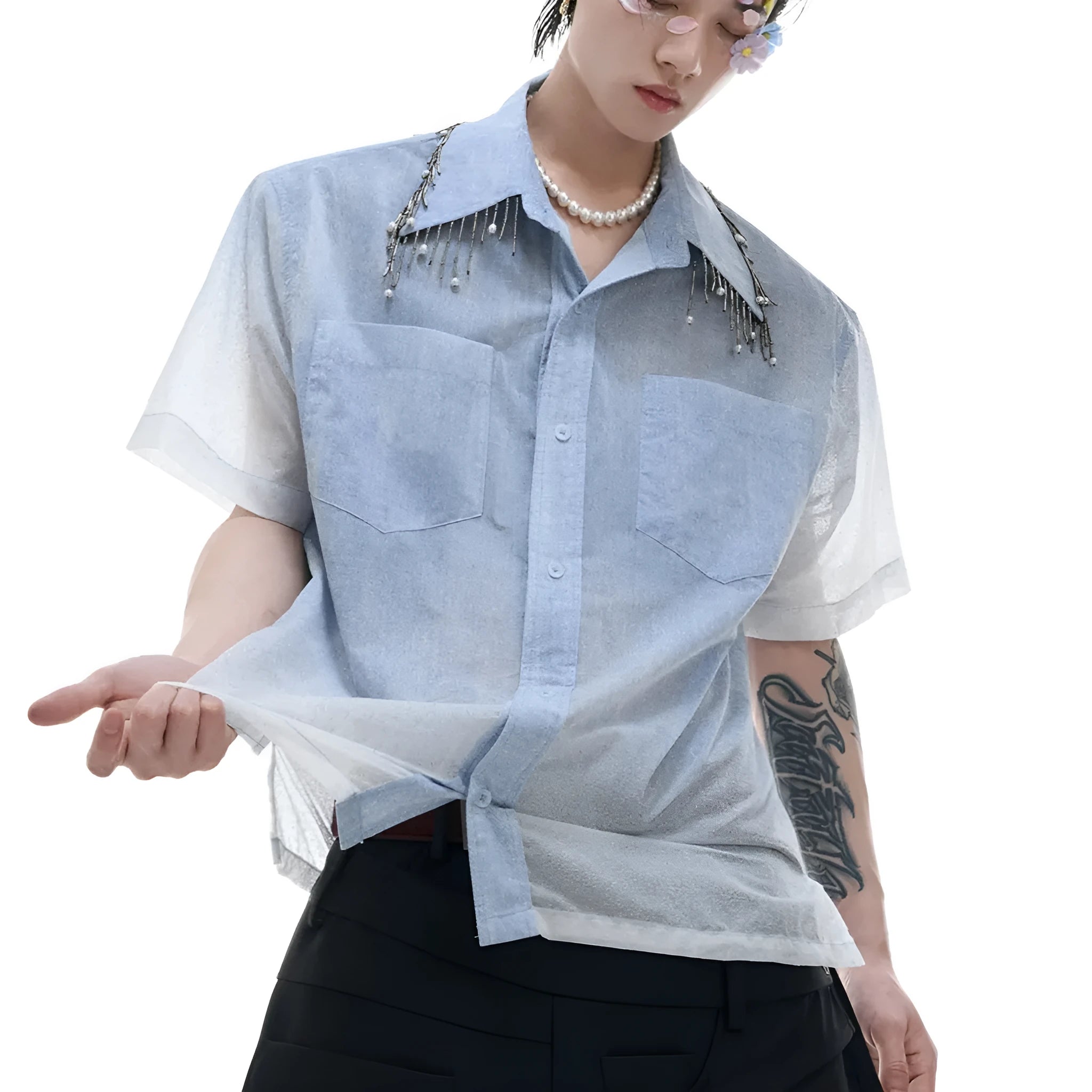 Men's loose fit blue gradient short sleeve shirt with quilted detailing