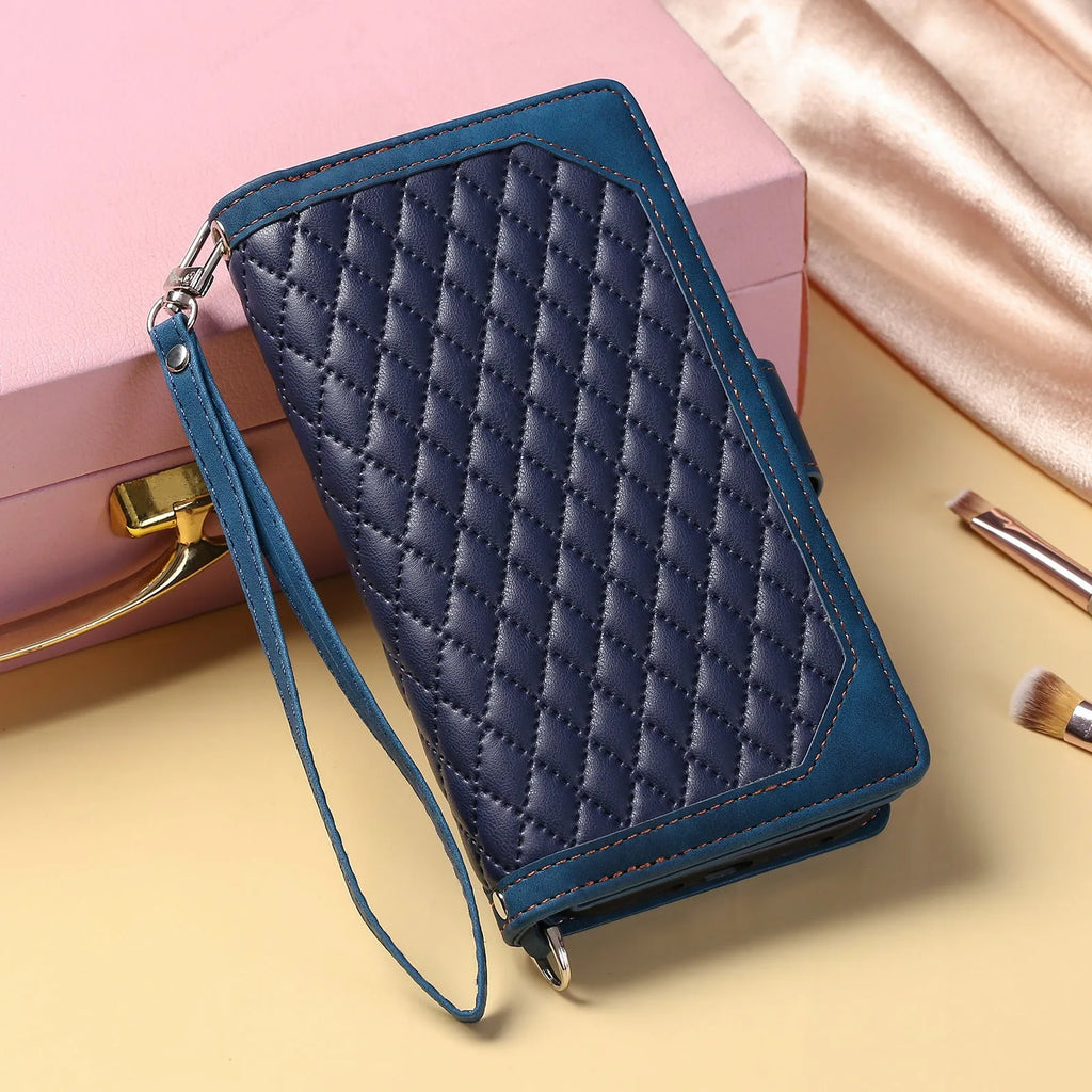 Crossbody plaid multi-functional zipper bag phone case for Samsung Galaxy, flip-over style in black, pink, white, and wine red