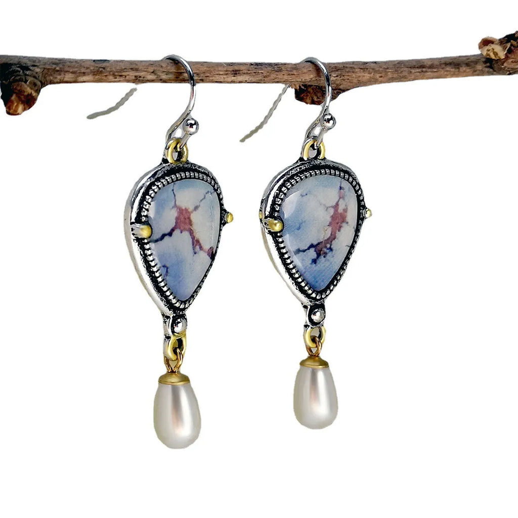 Women's retro blue Bohemian drop earrings with geometric shape and synthetic opal-pearl accents