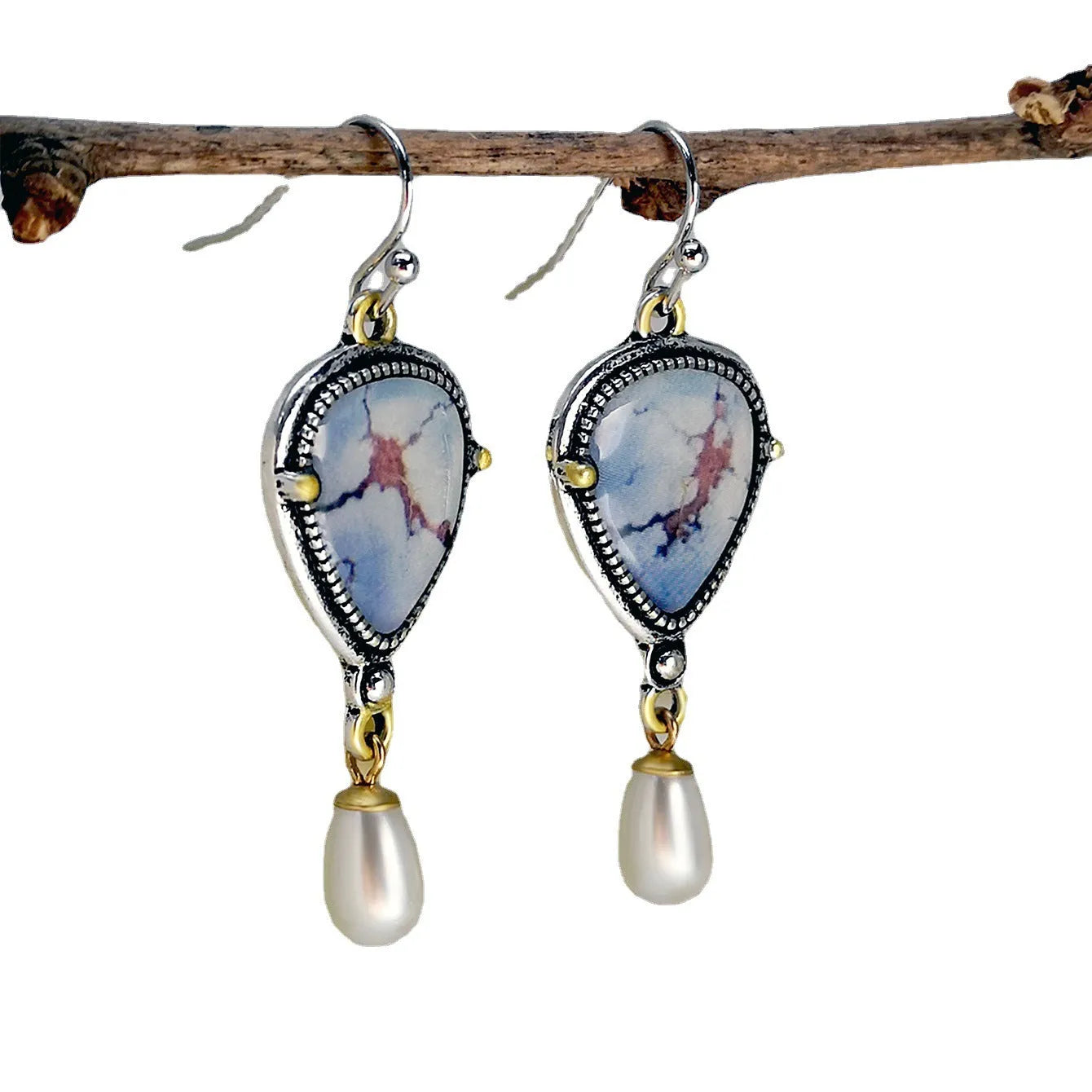 Women's retro blue Bohemian drop earrings with geometric shape and synthetic opal-pearl accents
