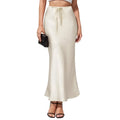 Asymmetric acetate satin skirt with irregular stitching details in high waist design