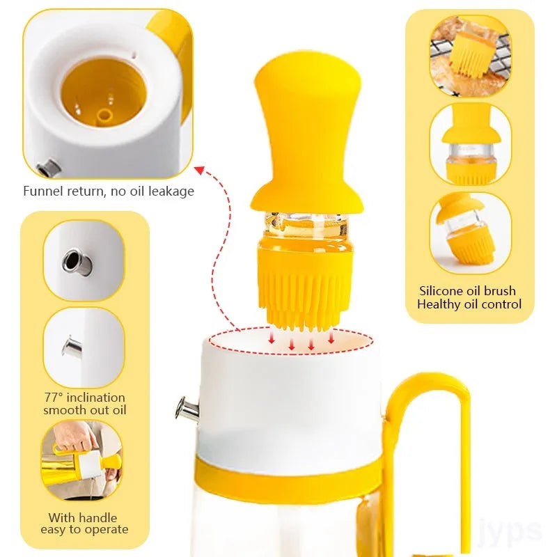 2 in 1 oil dispenser with silicone brush on wooden table against dark background