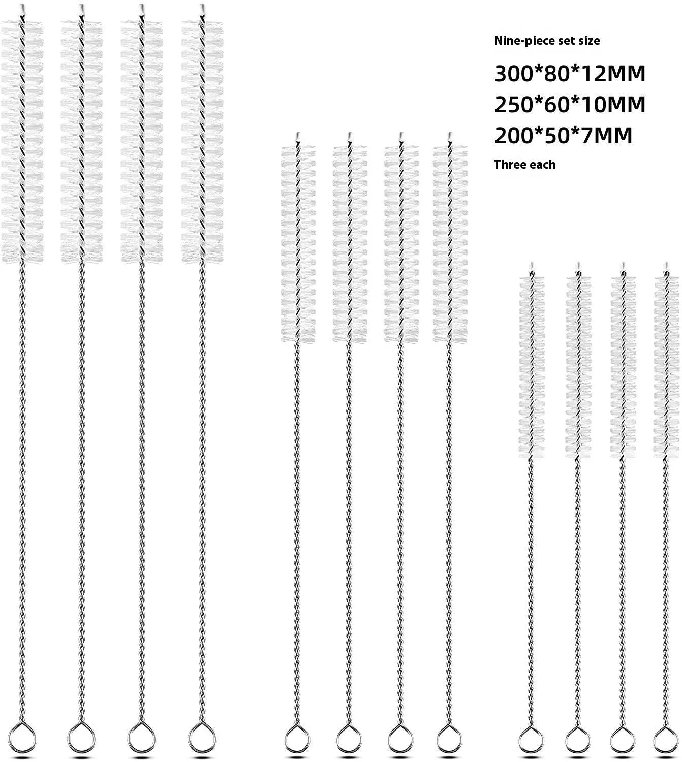 Set of stainless steel handled cleaning brushes with nylon bristles for straws and bottles.