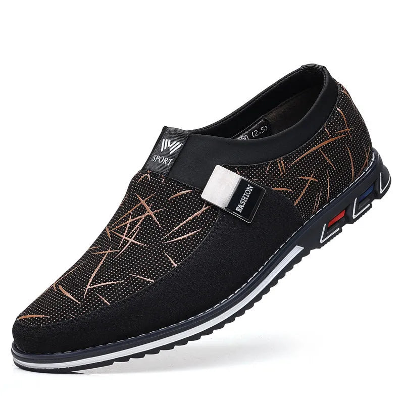 Men's synthetic leather casual shoes in black with a square toe and flat rubber sole.