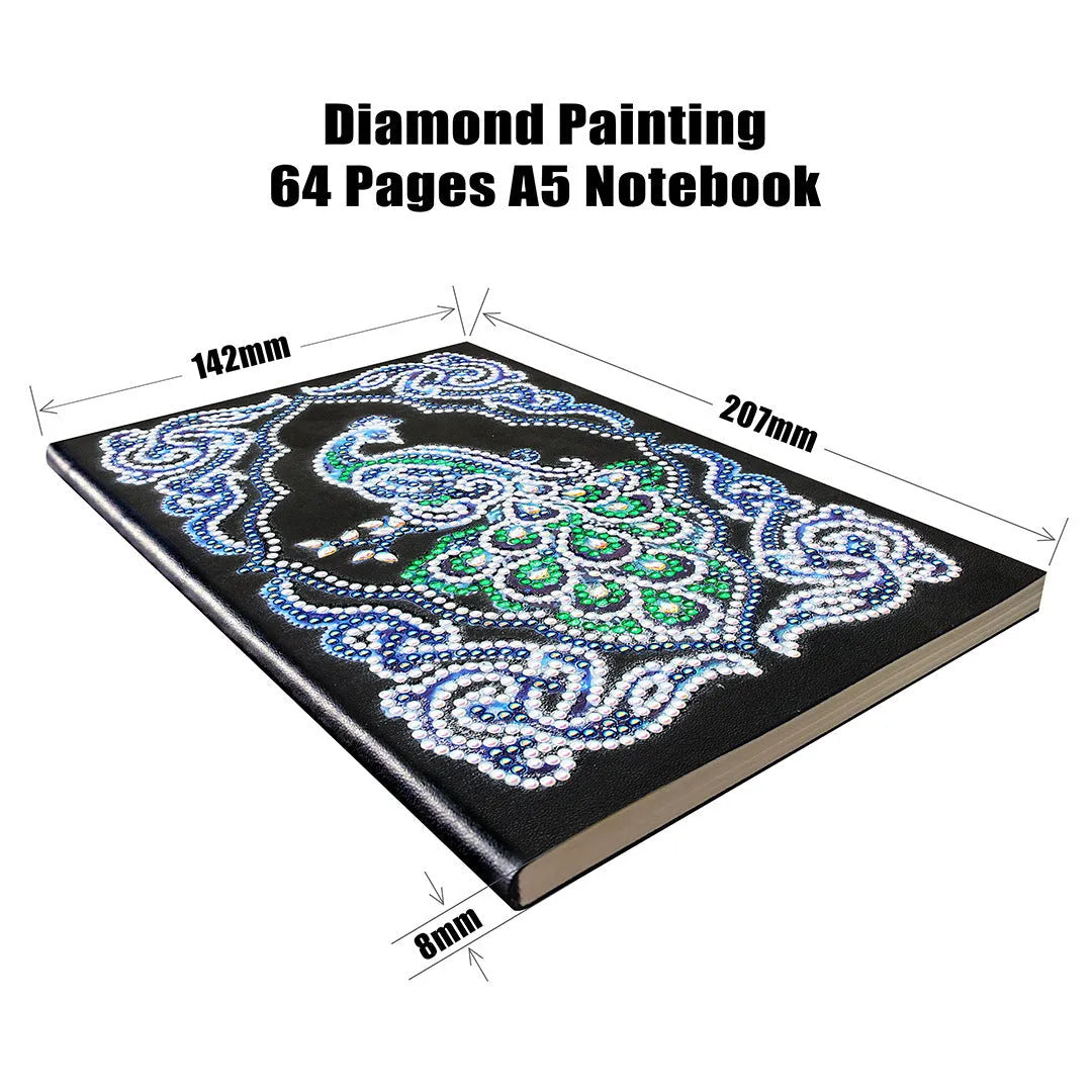 Peacock Beauty A5 diamond painting journal with black cover, shaped and bright drills, showing 142x207mm dimensions.