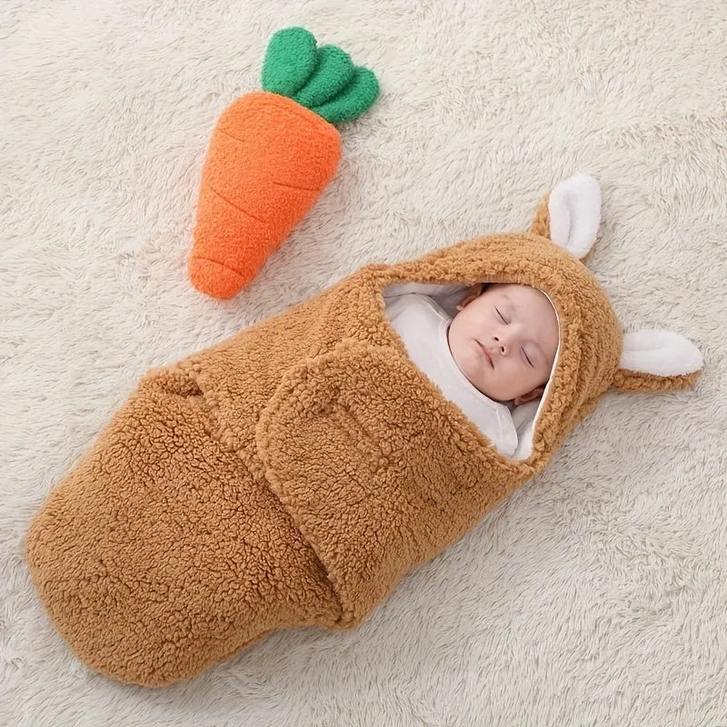 Baby wearing soft fleece sleeping bag with head support and velcro closures