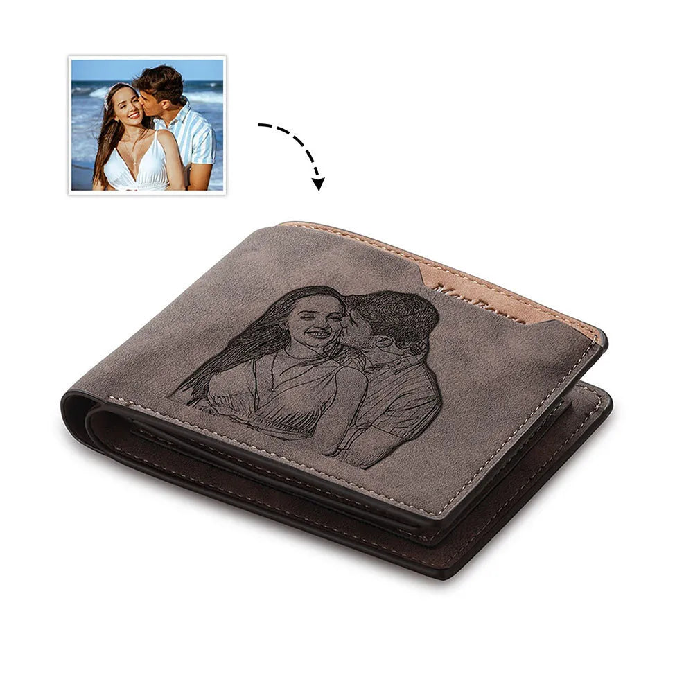 Engraved horizontal short wallet in coffee PU leather with custom photo engraving.