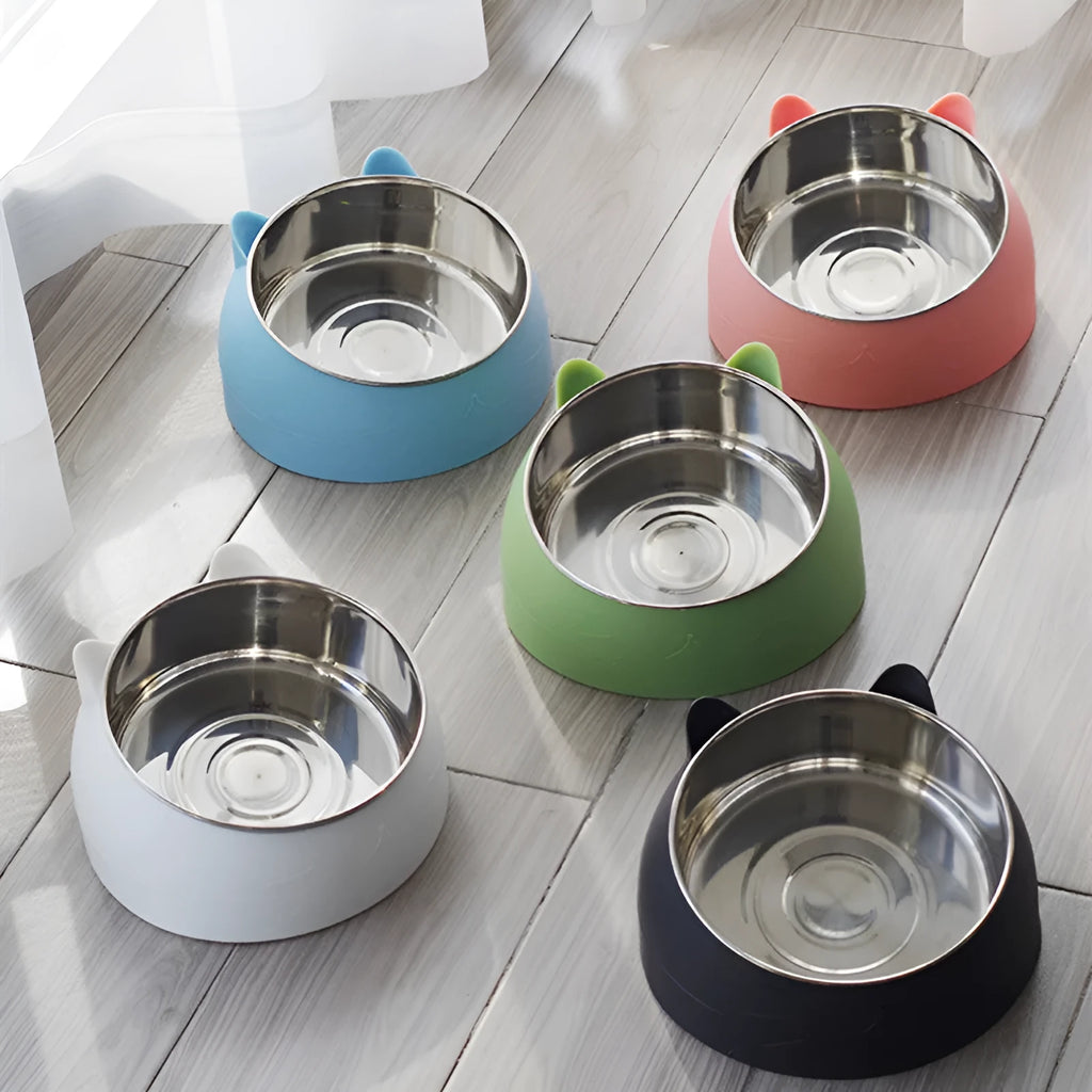 Ceramic cat food bowl with stainless steel insert in blue, featuring a cat head shape on the outer bowl