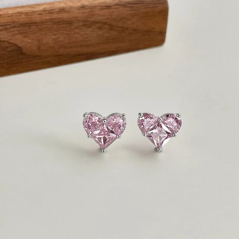 925 silver heart-shaped stud earrings with zircon in platinum pink diamond finish