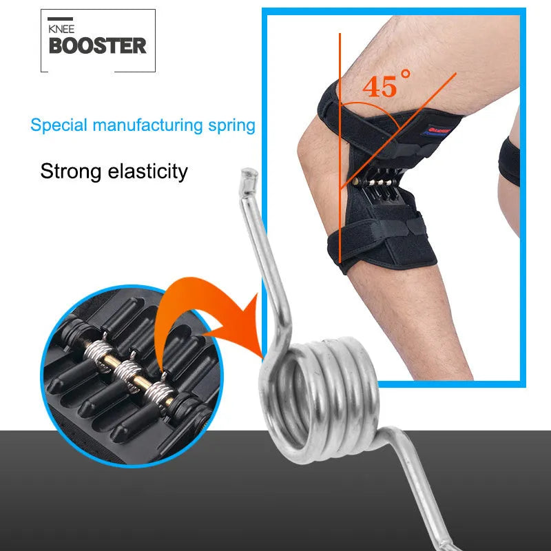 Black spring knee brace support with adjustable straps and visible venting holes, shown on a knee.