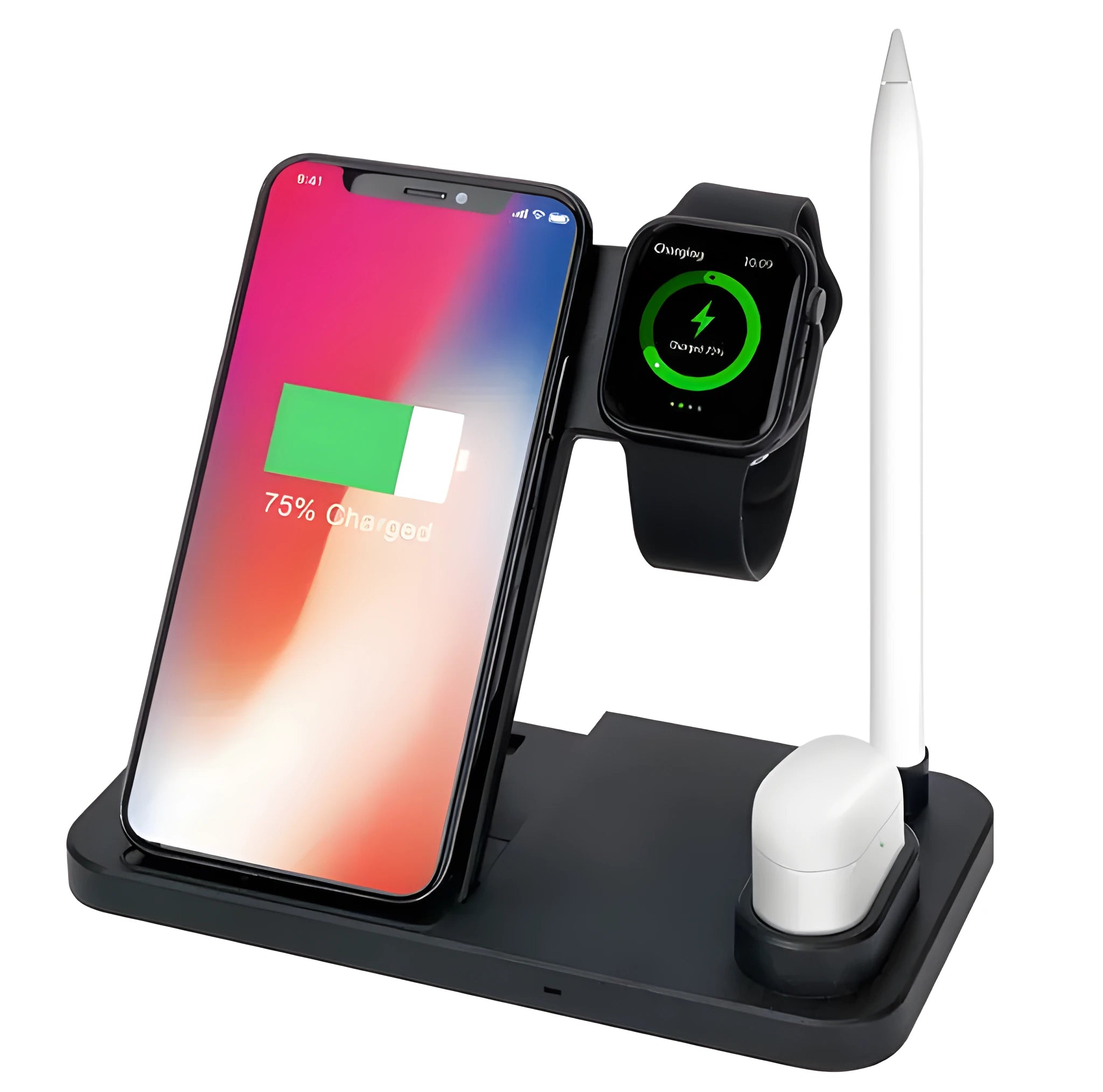 Black 4-in-1 wireless charging dock with phone on adjustable stand, Apple Watch, AirPods, and Apple Pencil on charging pads.