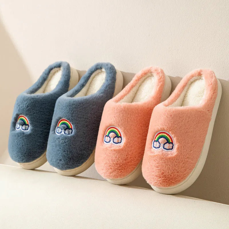 Kawaii rainbow embroidered plush slippers in white, rubber sole, wrapped toe, indoor winter wear