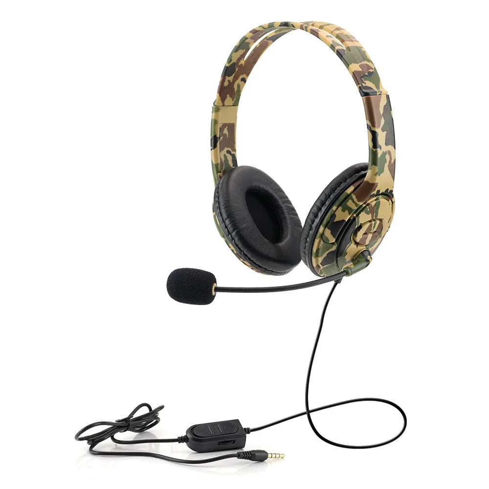 Camouflage wired over-ear headphones with 3.5mm straight plug on a plain background
