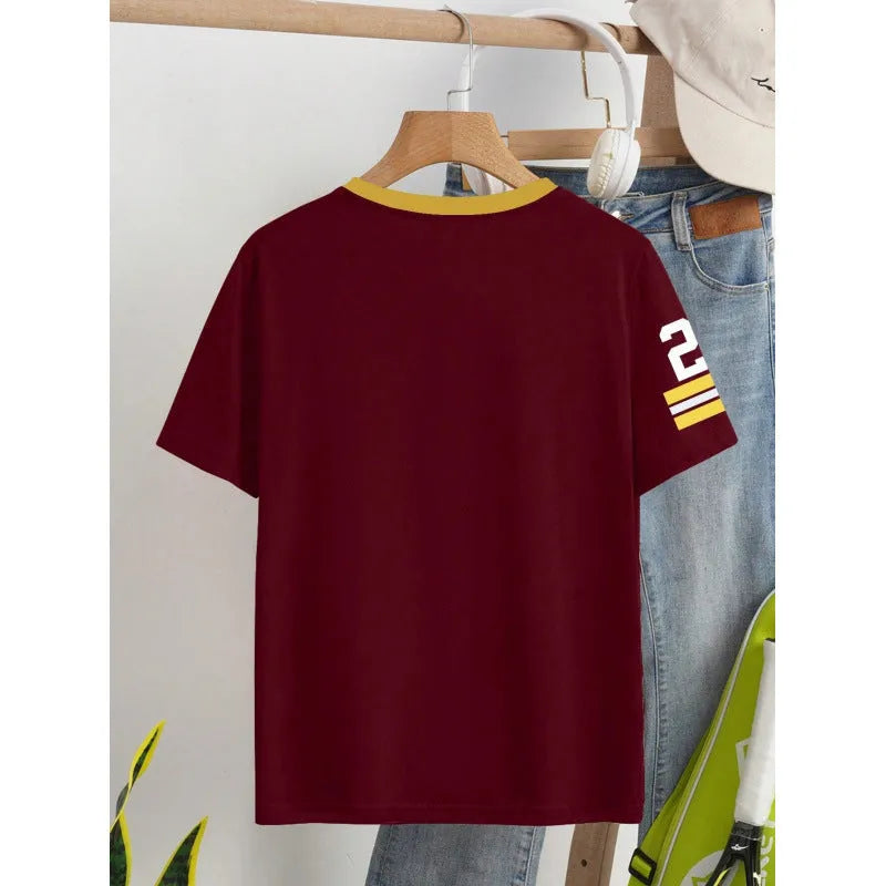Red cotton T-shirt with white digital letter print, loose fit short sleeve design