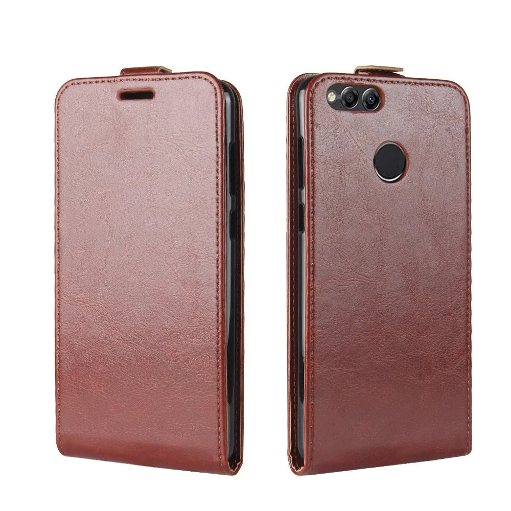 Huawei Honor 7X leather wallet phone case in black showing card slots and crazy horse pattern texture.