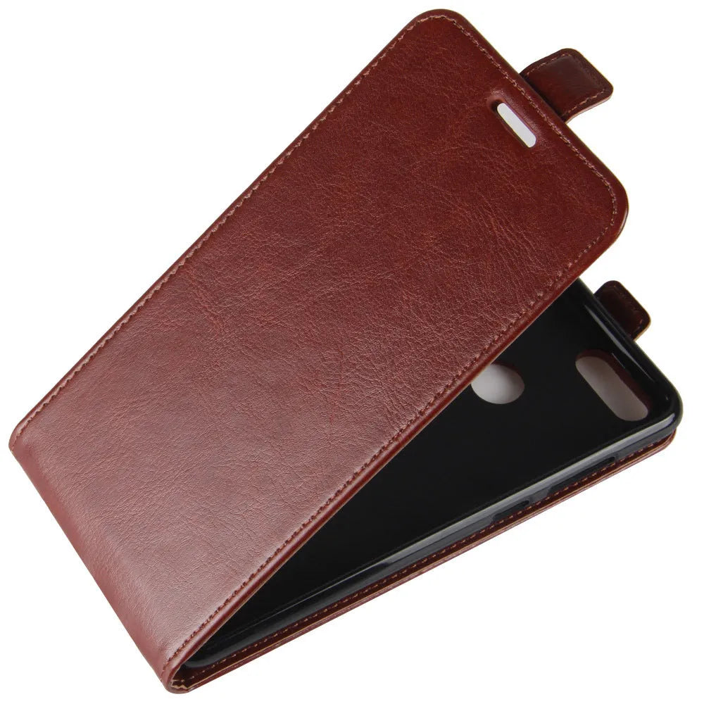 Huawei Honor 7X leather wallet phone case in black showing card slots and crazy horse pattern texture.