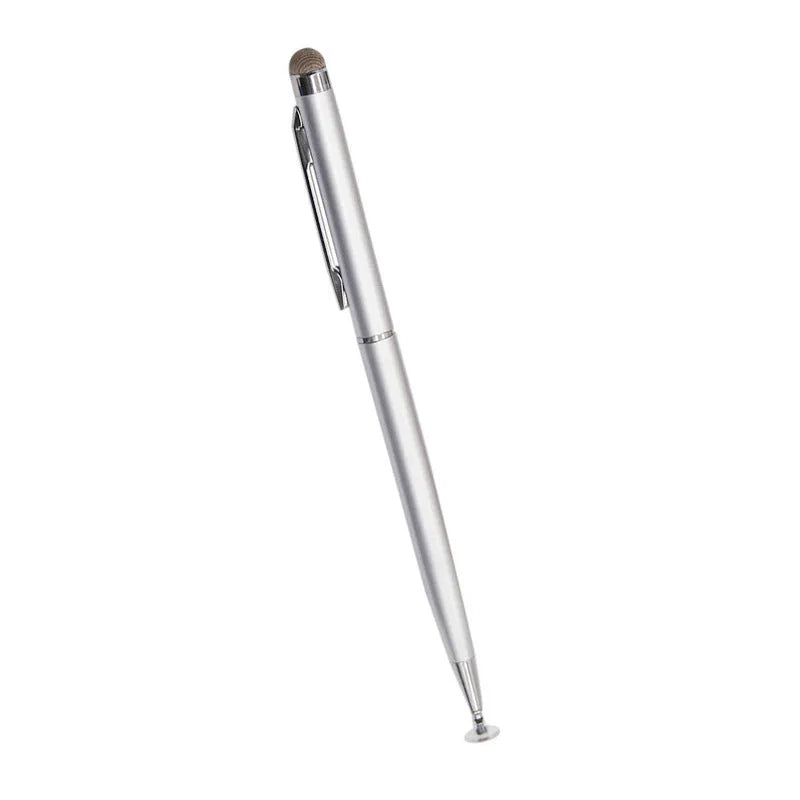 2-in-1 metal capacitive stylus with cloth and handwriting tips in black on white background