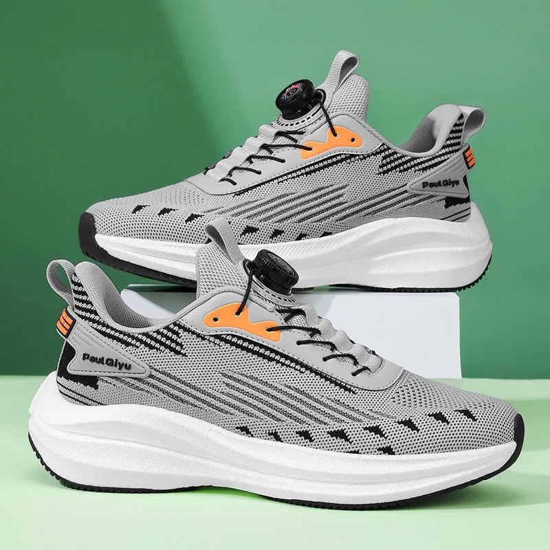 Men's white green and grey Fly-kit mesh sports shoes with rotating buckle closure and lace-up front
