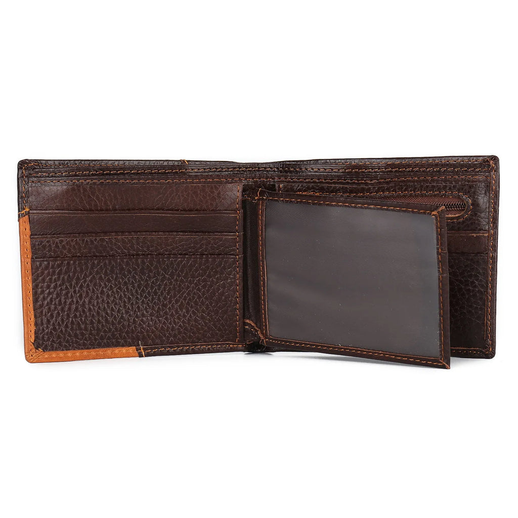Men's brown leather three-fold wallet open, showing card slots, zip coin pocket, and photo window.