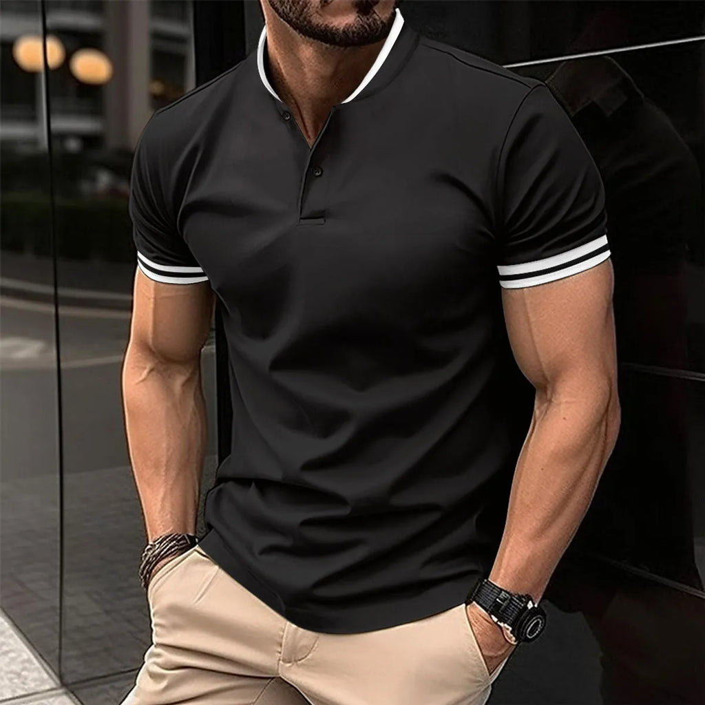 Men's slim-fit short-sleeved polyester t-shirt with button pocket in khaki, front view