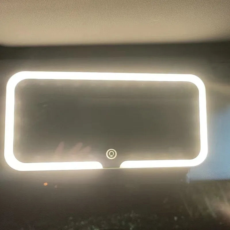 White car sun visor with integrated LED make-up mirror, ABS frame, aluminium lens, 24.2x12x1.5 cm dimensions