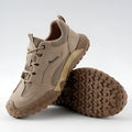 Men's khaki suede and canvas low-top safety shoes with lace-up closure and plastic steel toe for construction site use