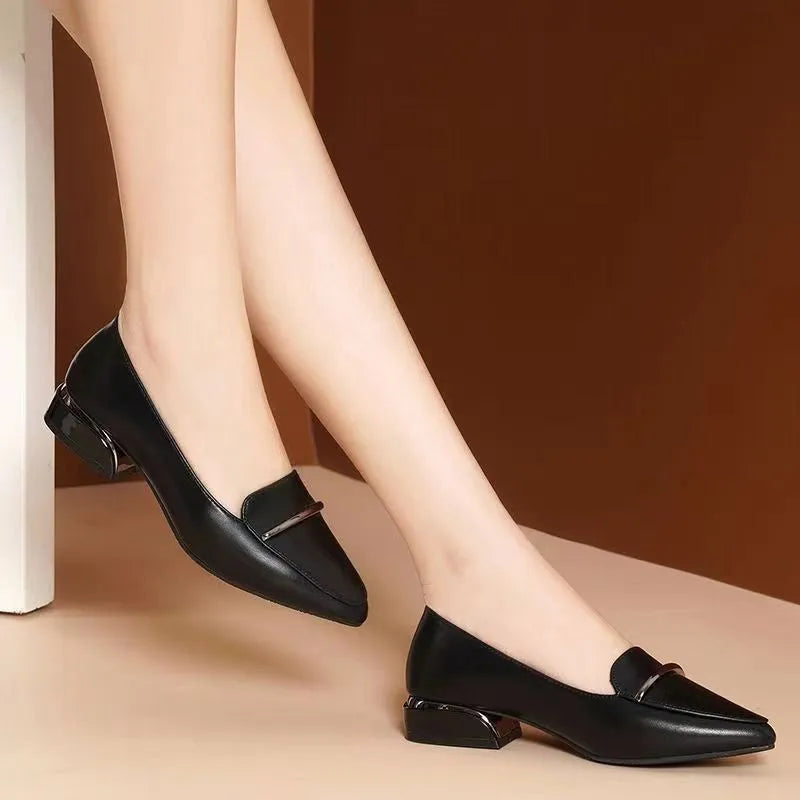 Black pointed soft-soled leather low-heel slip-on shoe with metal detail, mesh and PU upper