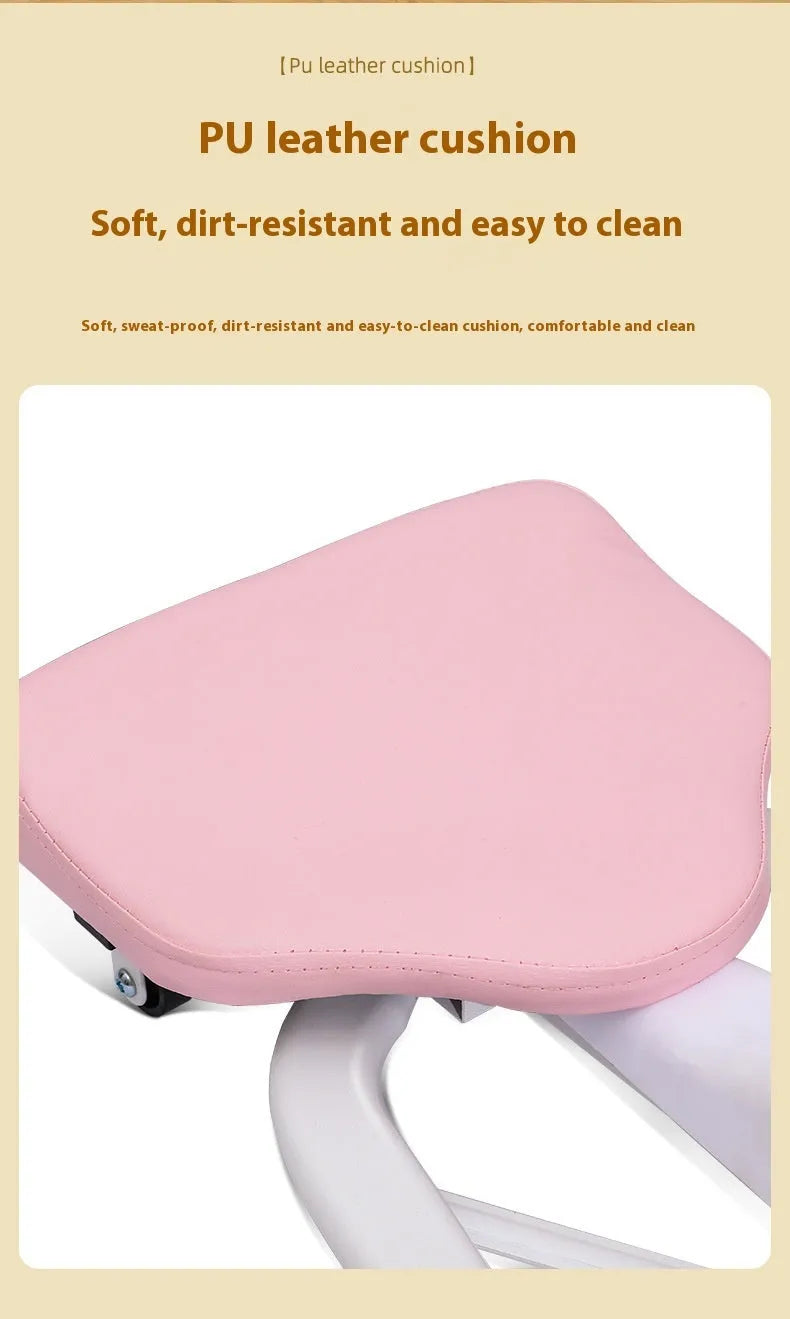 Steel-framed leg stretcher hip opener in blue or pink, shown with and without a backrest.