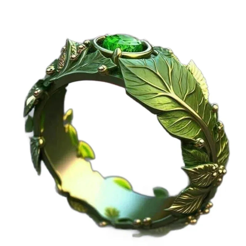 Gold antique style leaf ring with zircon inlay and enamel glaze on white background