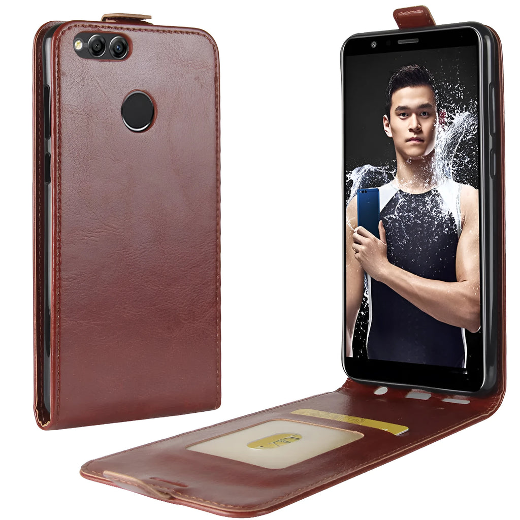 Huawei Honor 7X leather wallet phone case in black showing card slots and crazy horse pattern texture.