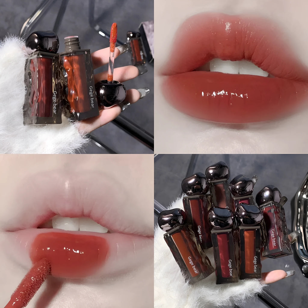 Mirror finish lip lacquer tube with water-light glossy texture in seven numbered colour shades