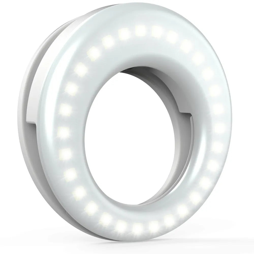 Black portable LED ring light for mobile phone photography with USB cable.