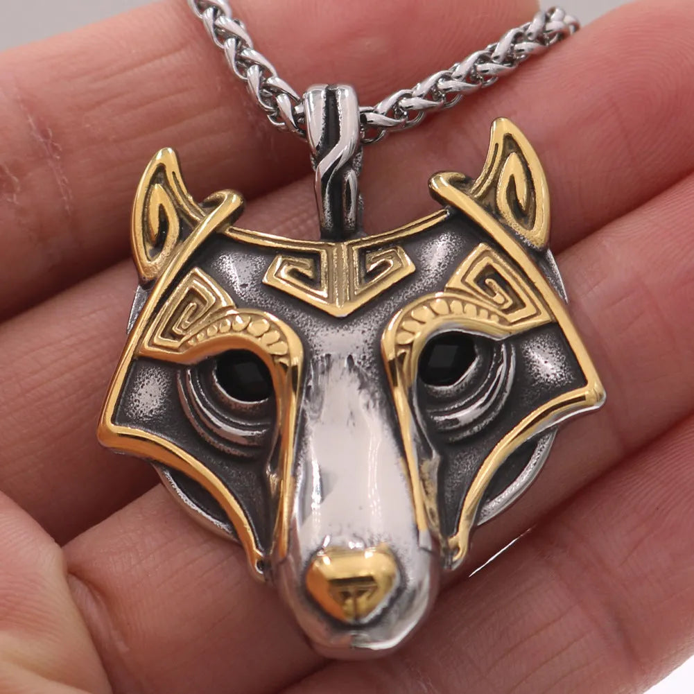 Wolf head titanium steel gold electroplated pendant with snake chain, Viking style, 3.8x4.7 cm