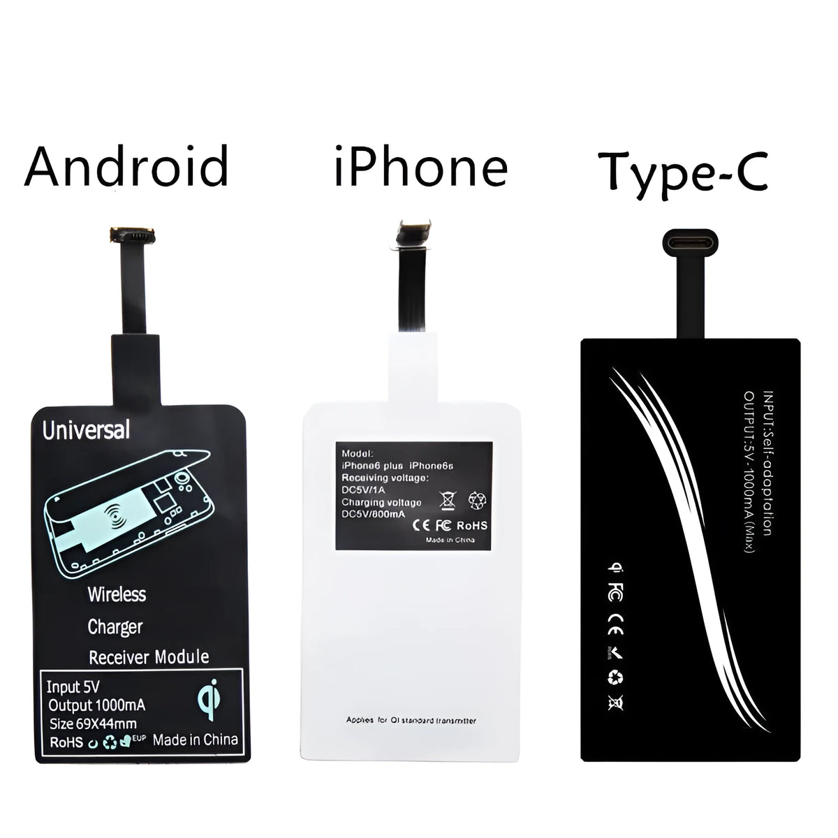 Wireless charger receiver with Type-C connector, 5V 1000mA, available in Black and White