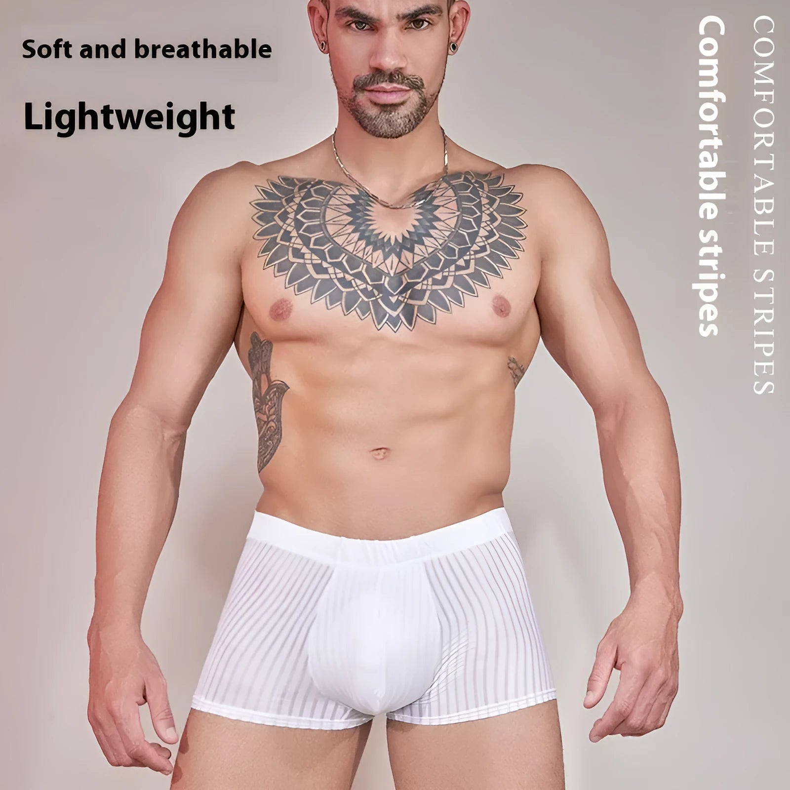 Men's striped nylon underwear with thin transparent fabric and elastic waistband in black, dark grey and white colours