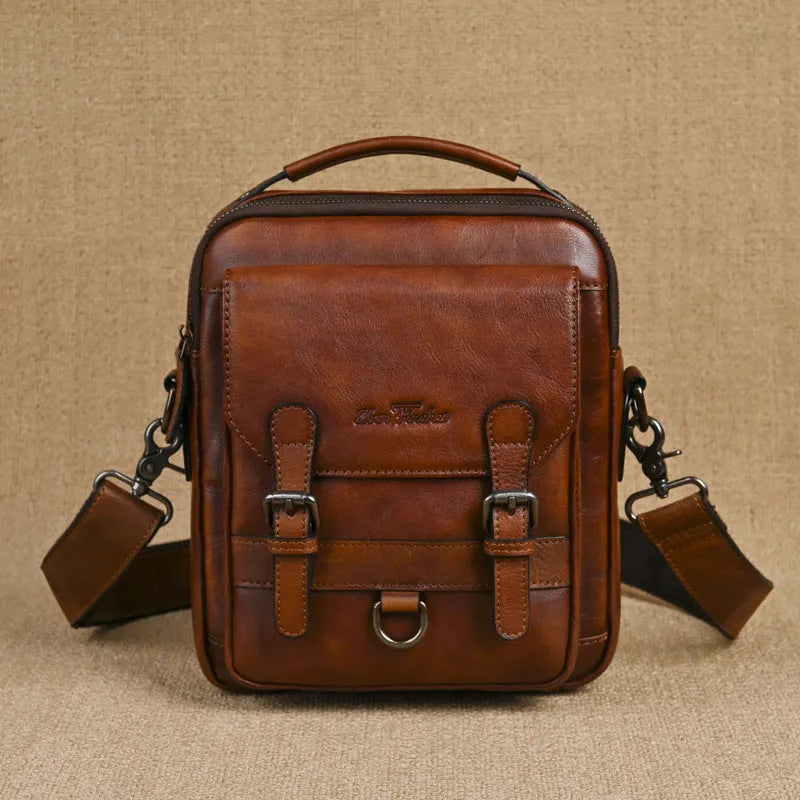 Genuine leather retro hand-rubbed top-grain cowhide shoulder bag for men light brown 8 inch