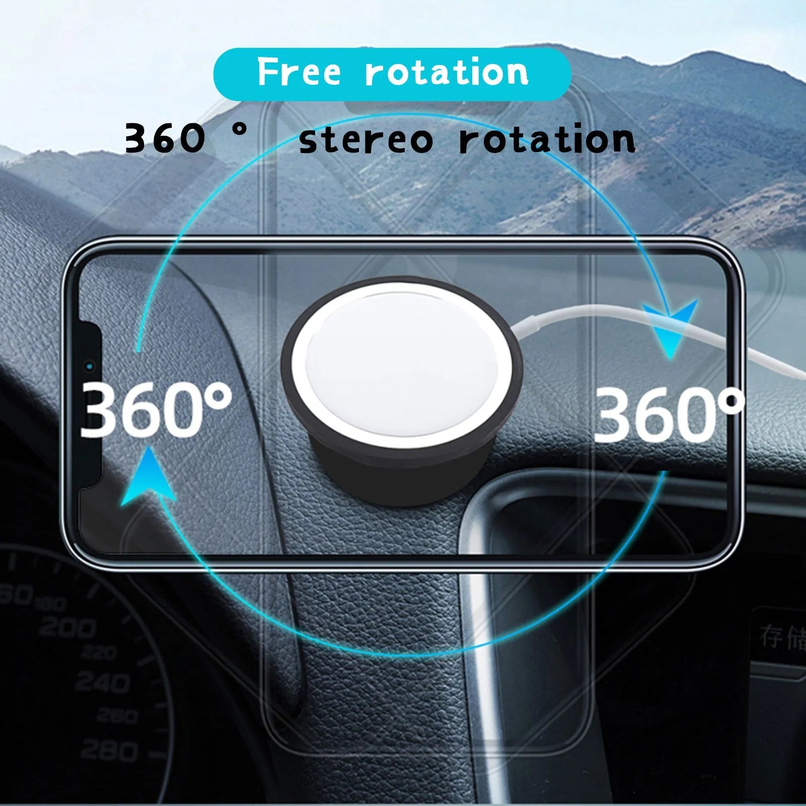 Black plastic magnetic car phone holder with snap-in mount for air vent or dashboard installation