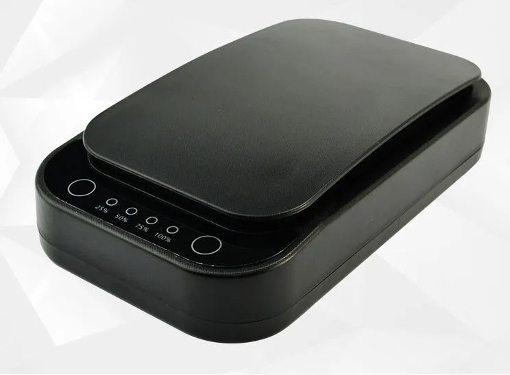 Blue and white ultraviolet disinfection box with open lid, showing internal chamber for a mobile phone.