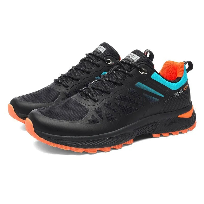 Men's plus-size outdoor running shoe in black with mesh upper and rubber sole, shown from the side.