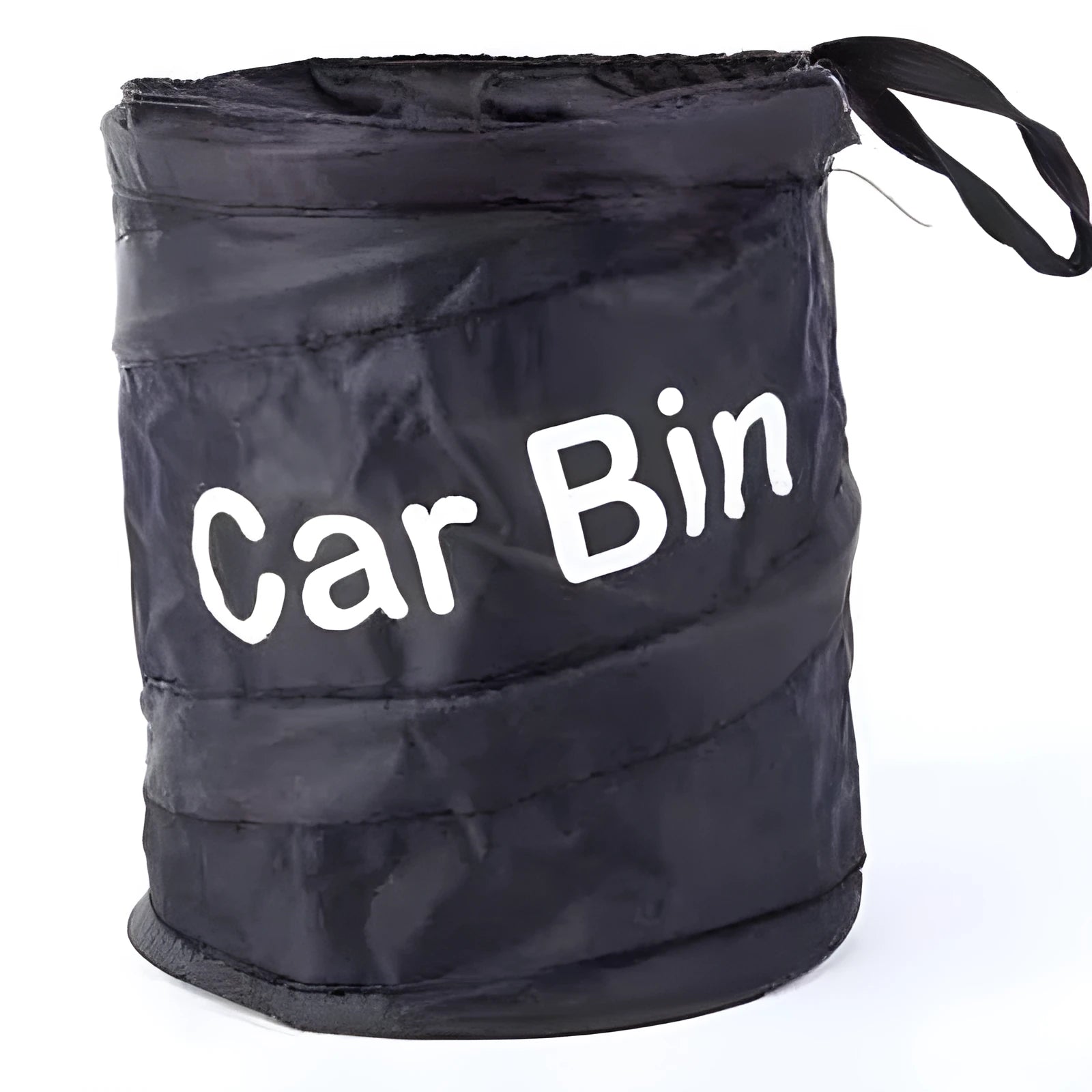Foldable black polyester car bin bag with hanging strap and magic sticker on a car seat