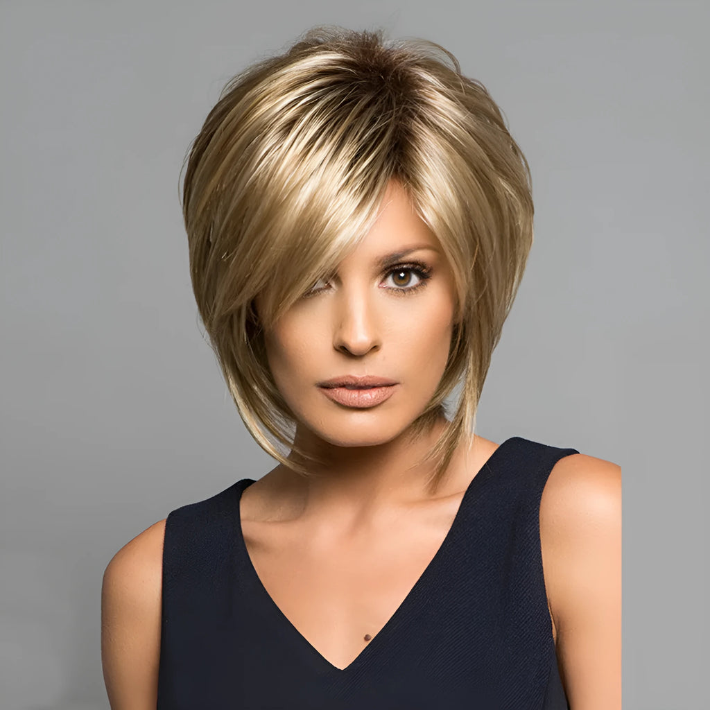 Golden wig headgear with oblique bangs and high temperature wire hair material for cosplay