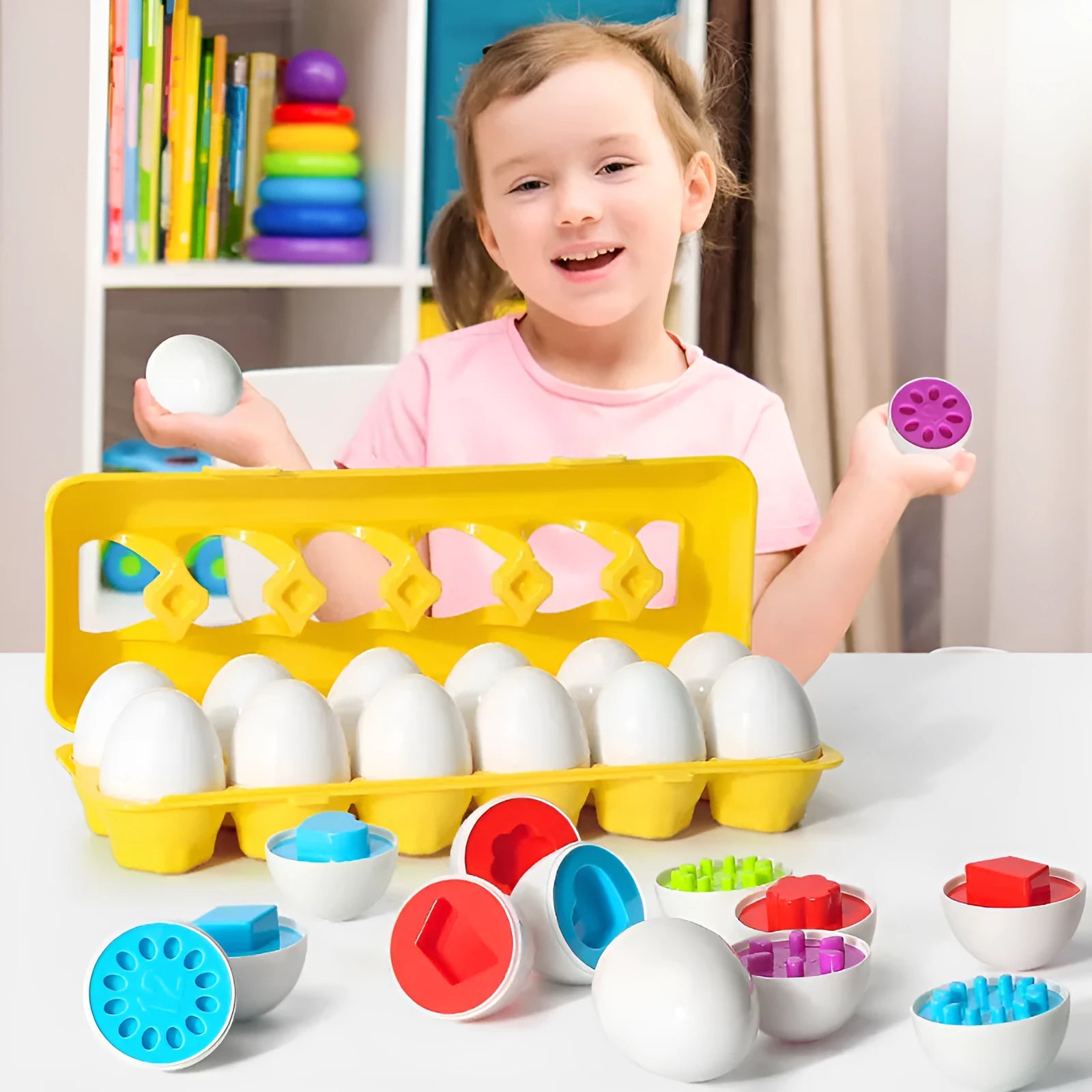 Set of 12 BPA-free plastic educational egg toys in green with shape matching and storage case