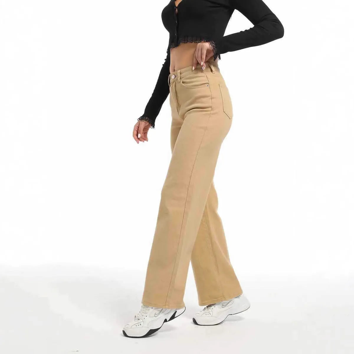 Women's high-waist straight wide-leg jeans in apricot colour on a hanger.