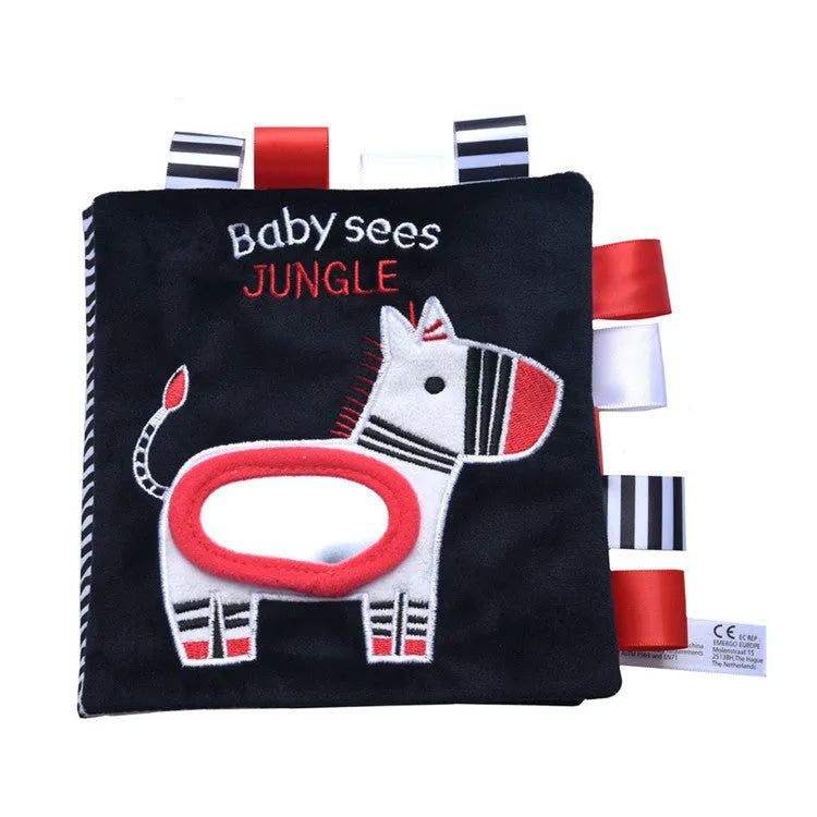 Four cloth books with bird, snail, zebra, and ABC designs featuring haha mirror and rattle functions